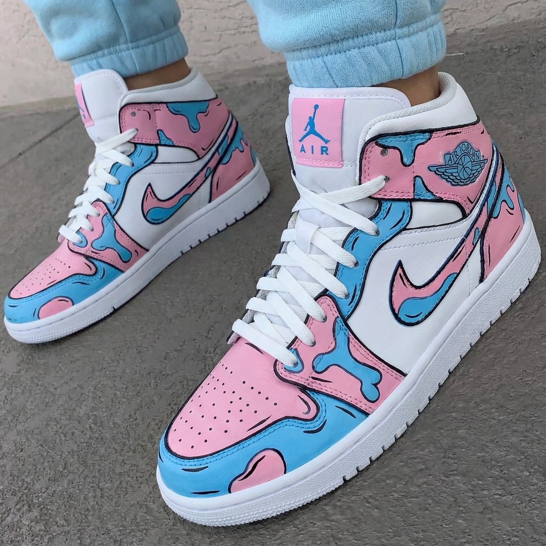 Custom Air Jordan 1 Baby Pink Blue Abstract Design