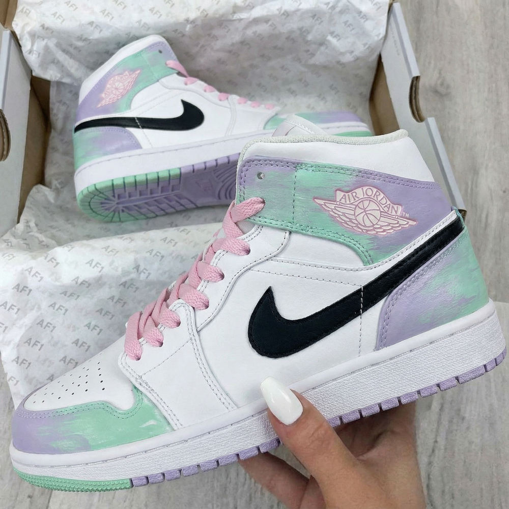 Custom Air Jordan 1 Baby Pink Mint Green Watercolor Design