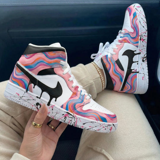 Custom Air Jordan 1 Baby Pink Rainbow Wave and Black Swoosh Splatter