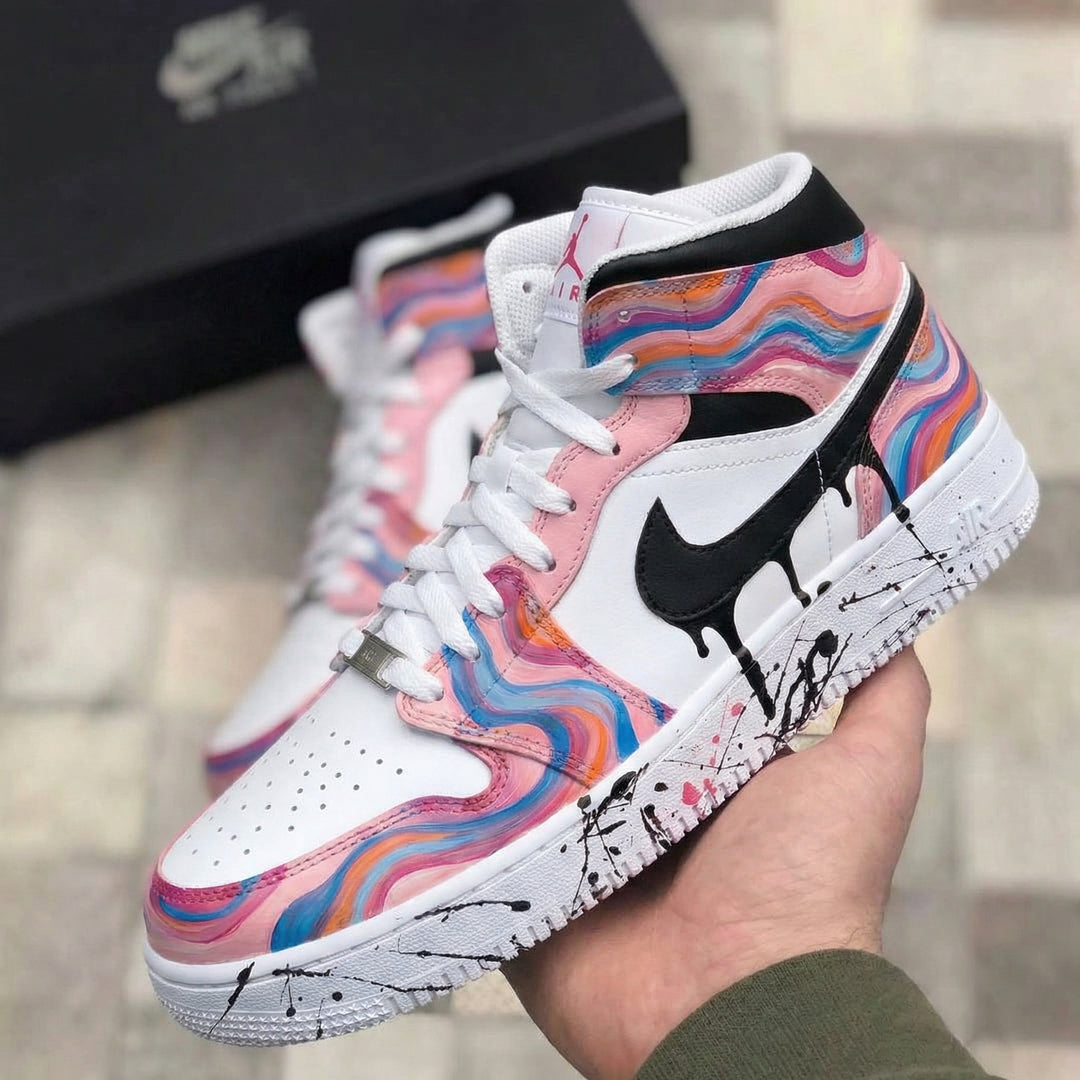 Custom Air Jordan 1 Baby Pink Rainbow Wave and Black Swoosh Splatter