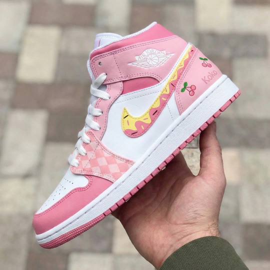 Custom Air Jordan 1 Baby Pink White Cherries Donut Swoosh Checkered Koko