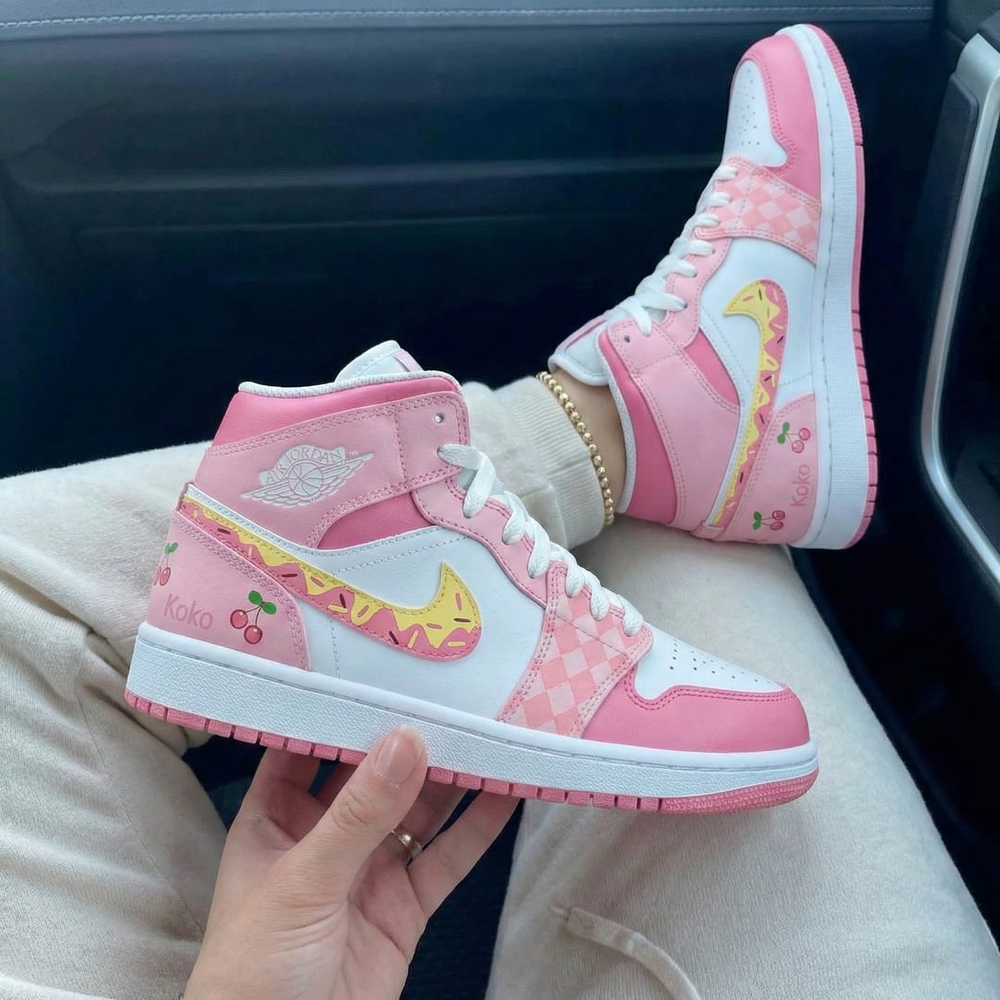 Custom Air Jordan 1 Baby Pink White Cherries Donut Swoosh Checkered Koko