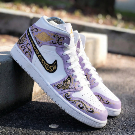 Custom Air Jordan 1 Baby Purple Butterflies and Gold Patterns