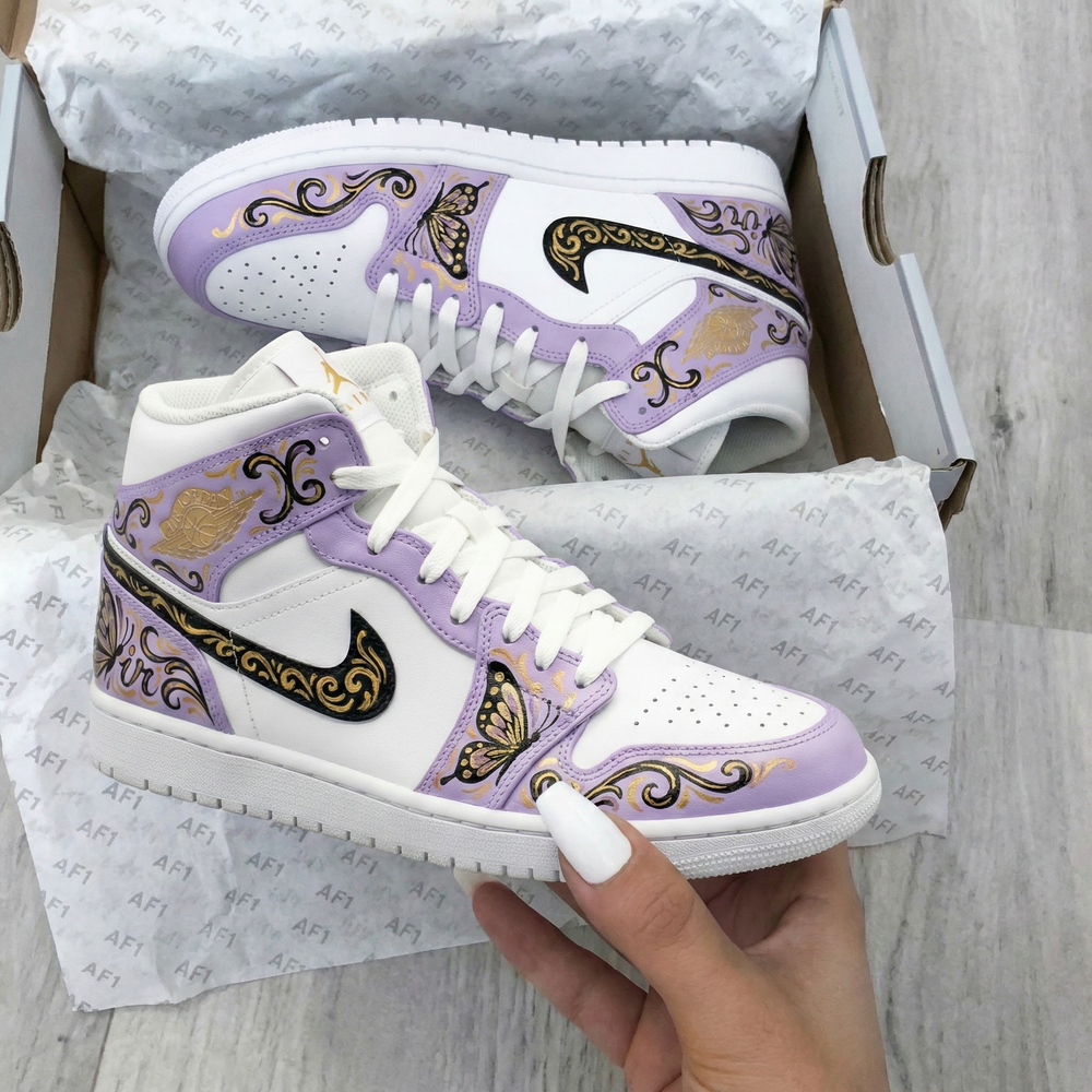 Custom Air Jordan 1 Baby Purple Butterflies and Gold Patterns