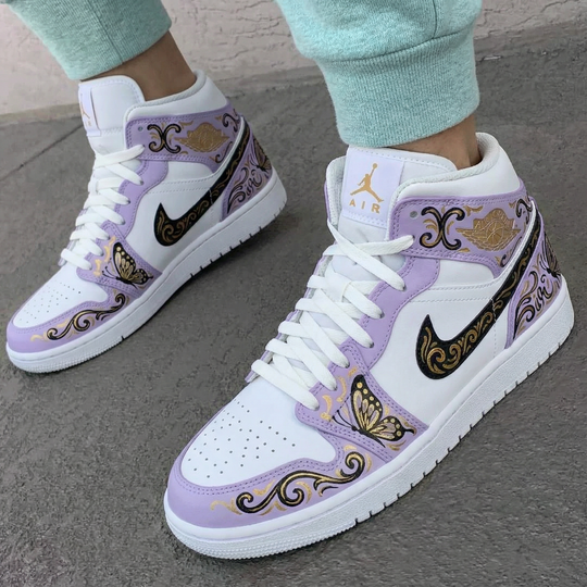 Custom Air Jordan 1 Baby Purple Butterflies and Gold Patterns