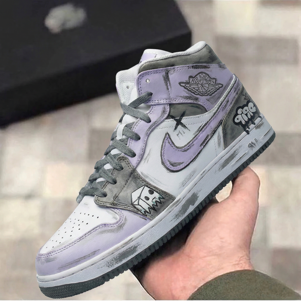 Custom Air Jordan 1 Baby Purple Gray Graffiti Design