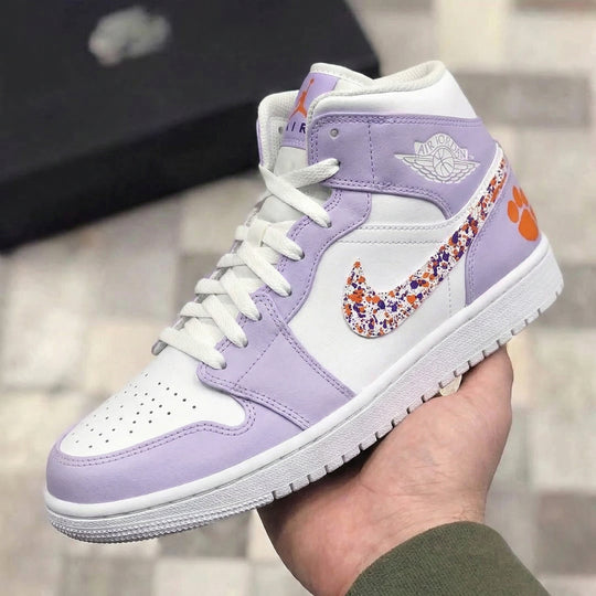 Custom Air Jordan 1 Baby Purple Orange Speckled Swoosh Paw Print