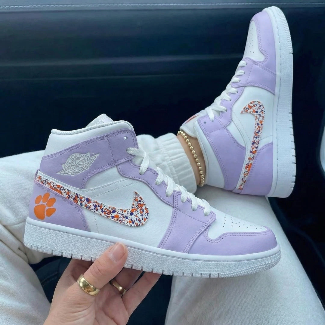 Custom Air Jordan 1 Baby Purple Orange Speckled Swoosh Paw Print