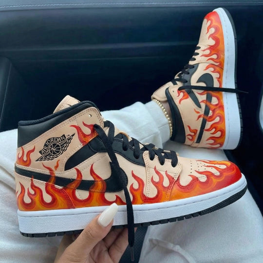 Custom Air Jordan 1 Beige Black Flame Design