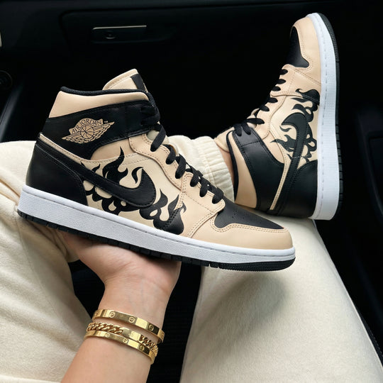 Custom Air Jordan 1 Beige Black Flame Design