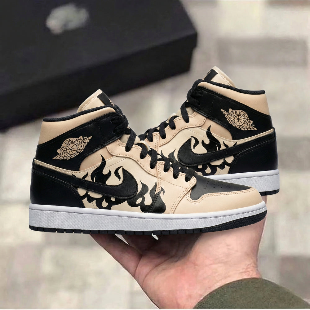 Custom Air Jordan 1 Beige Black Flame Design
