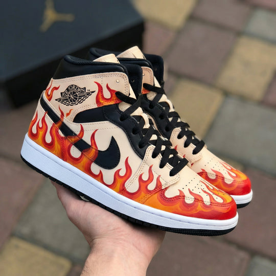 Custom Air Jordan 1 Beige Black Flame Design