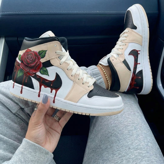 Custom Air Jordan 1 Beige Black Rose and Blood Drip Design