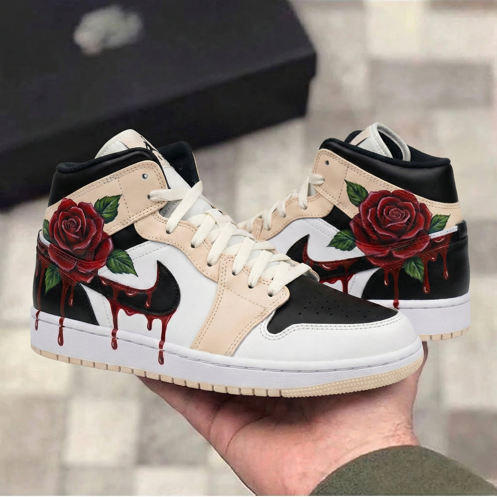 Custom Air Jordan 1 Beige Black Rose and Blood Drip Design