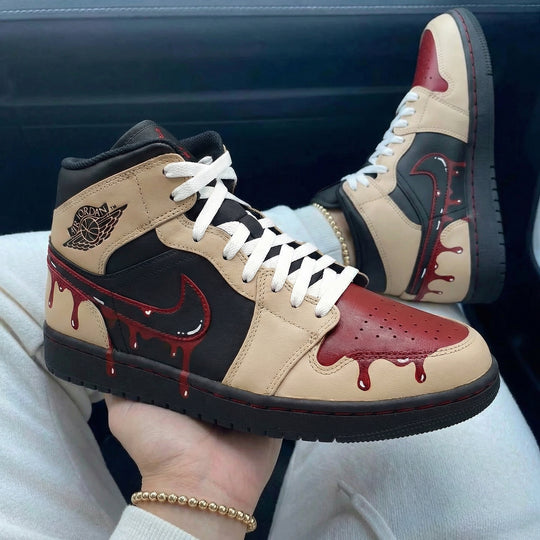 Custom Air Jordan 1 Beige Black with Blood - Drip Design