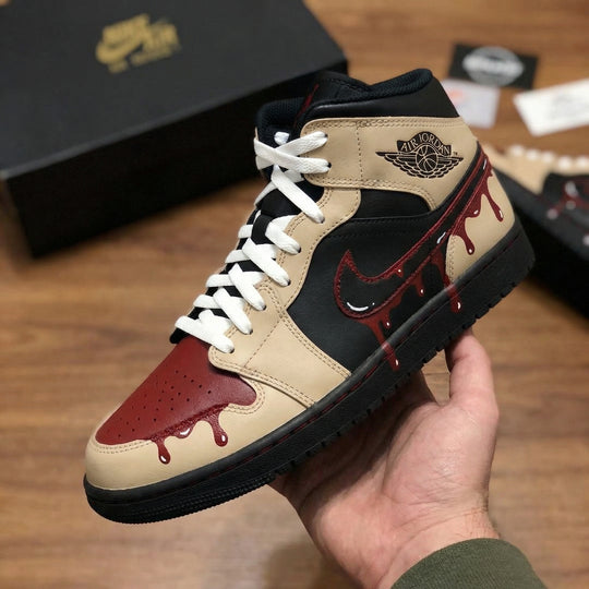 Custom Air Jordan 1 Beige Black with Blood - Drip Design
