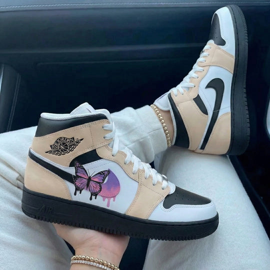 Custom Air Jordan 1 Beige Black with Butterfly Design