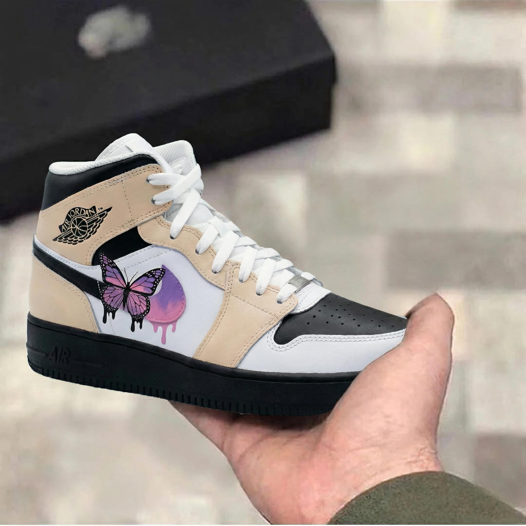 Custom Air Jordan 1 Beige Black with Butterfly Design