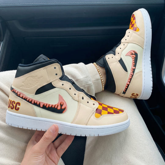 Custom Air Jordan 1 Beige Black with Checkered Flames and USC Logo