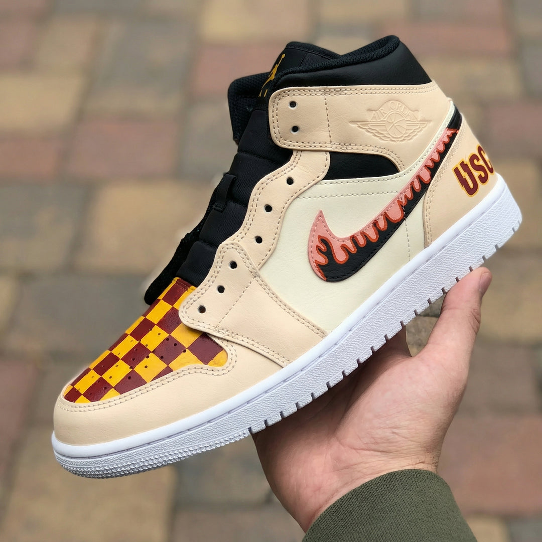 Custom Air Jordan 1 Beige Black with Checkered Flames and USC Logo