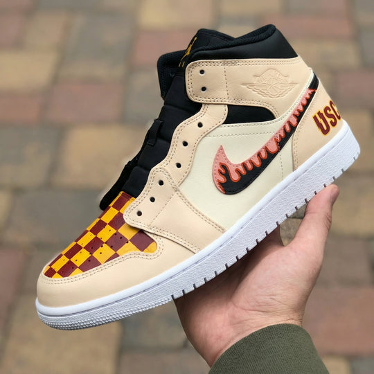 Custom Air Jordan 1 Beige Black with Checkered Flames and USC Logo