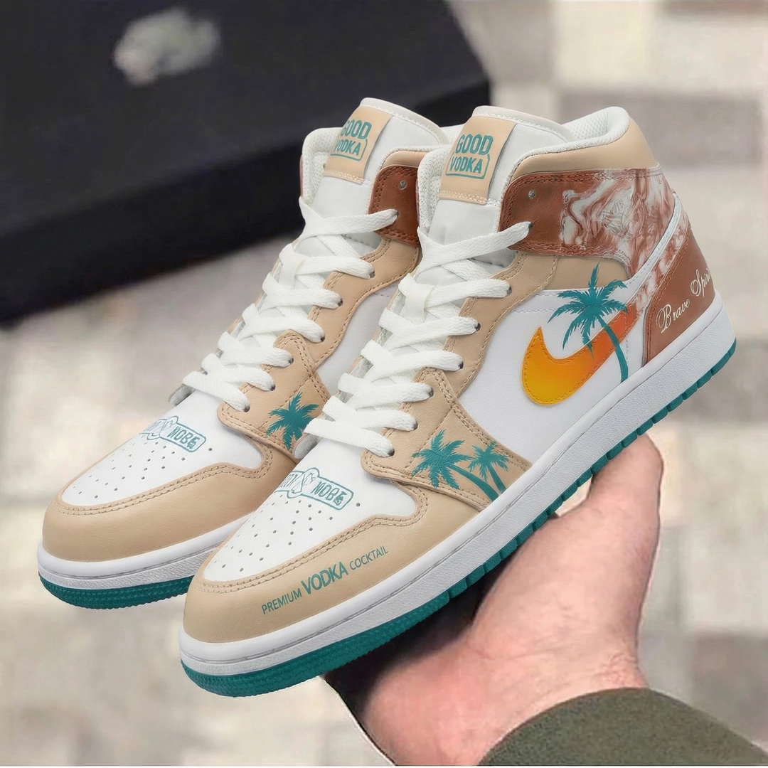 Custom Air Jordan 1 Beige Brown with Palm Tree Design