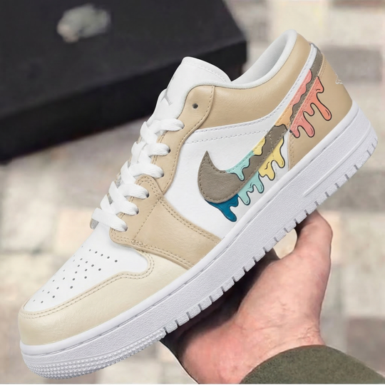 Custom Air Jordan 1 Beige Multicolor Drips Pattern