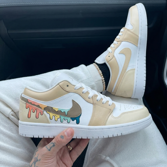 Custom Air Jordan 1 Beige Multicolor Drips Pattern