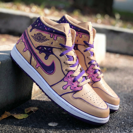 Custom Air Jordan 1 Beige Pink Purple Drip Design