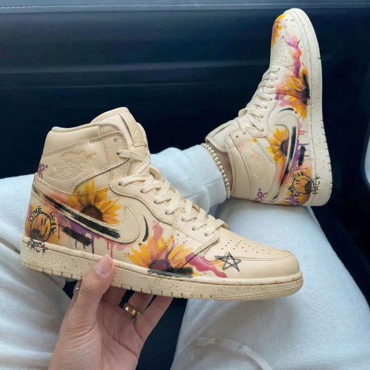 Custom Air Jordan 1 Beige Sunflower Graffiti