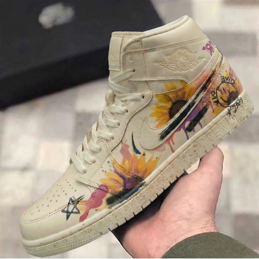 Custom Air Jordan 1 Beige Sunflower Graffiti