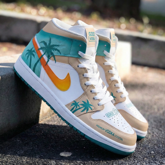 Custom Air Jordan 1 Beige Teal Palm Tree Design