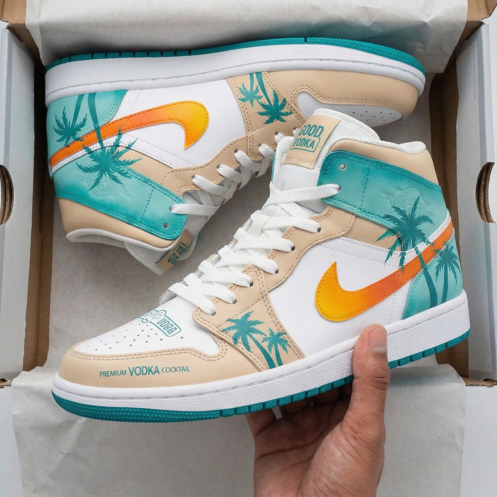 Custom Air Jordan 1 Beige Teal Palm Tree Design