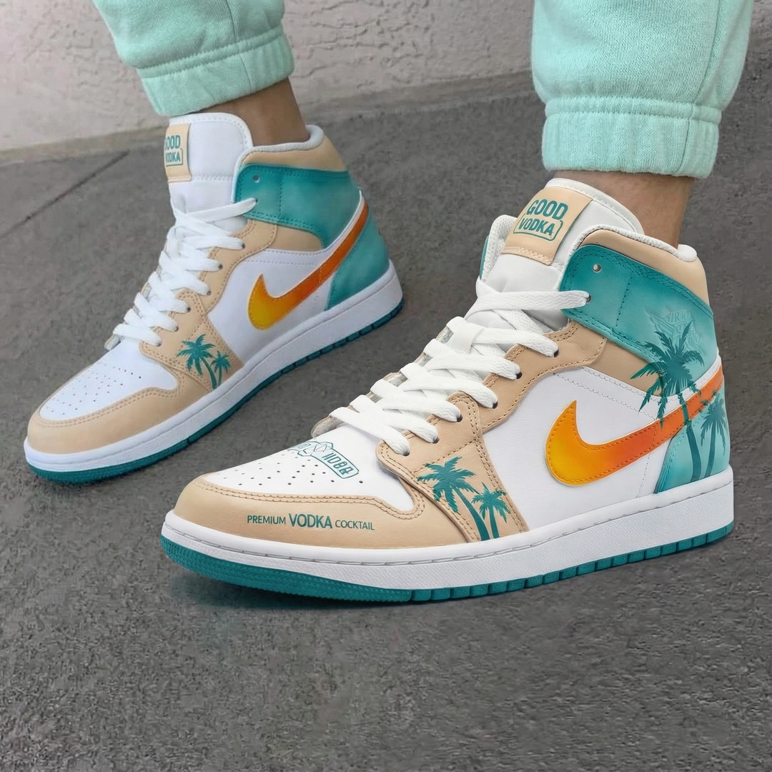 Custom Air Jordan 1 Beige Teal Palm Tree Design