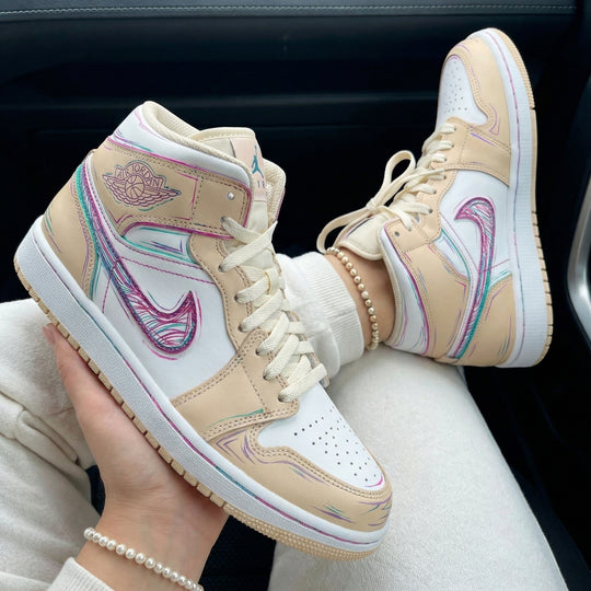 Custom Air Jordan 1 Beige White Multicolor Sketch Design