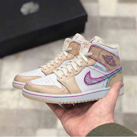Custom Air Jordan 1 Beige White Multicolor Sketch Design