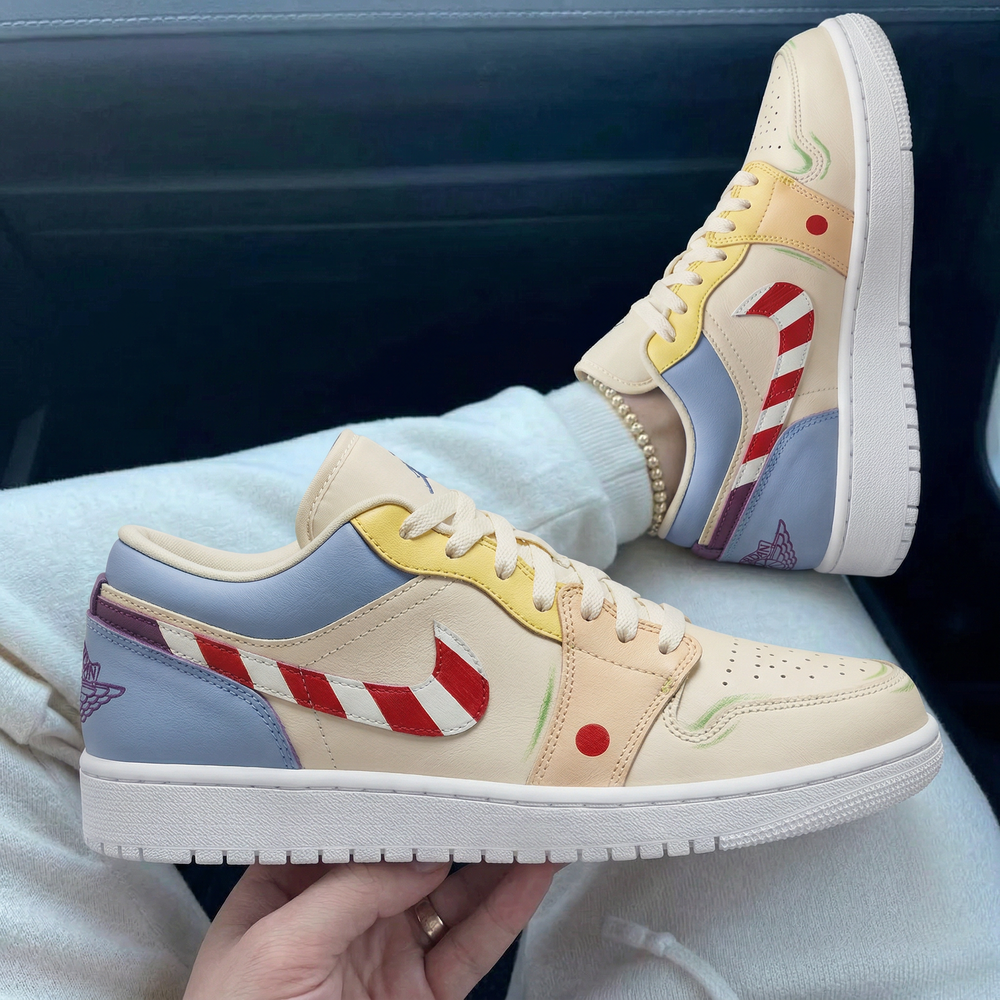 Custom Air Jordan 1 Beige Yellow Baby Blue Purple Candy Cane Design