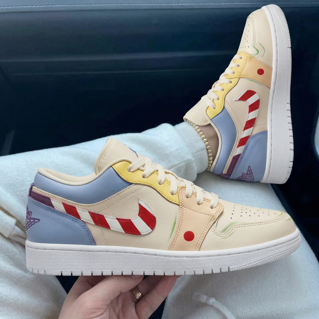 Custom Air Jordan 1 Beige Yellow Baby Blue Purple Candy Cane Design