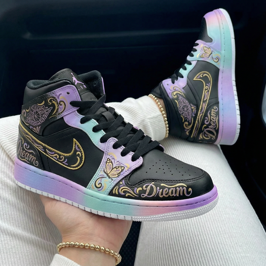 Custom Air Jordan 1 Black Baby Blue Purple with Butterflies and Gold Patterns