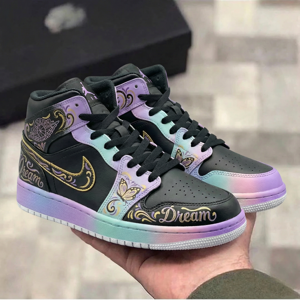 Custom Air Jordan 1 Black Baby Blue Purple with Butterflies and Gold Patterns