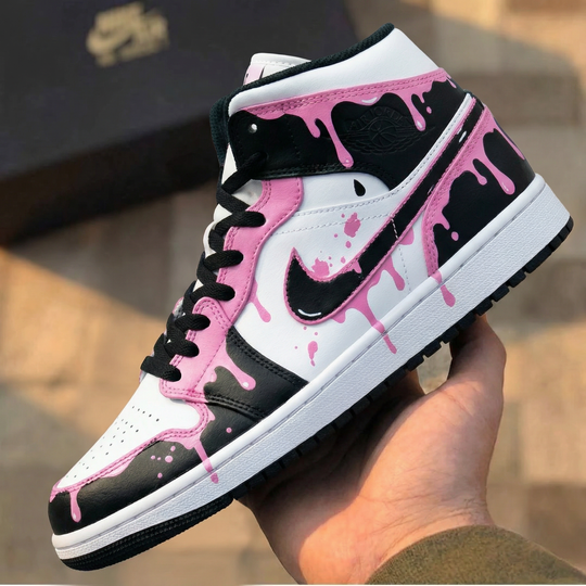 Custom Air Jordan 1 Black Baby Pink Drip Splatter