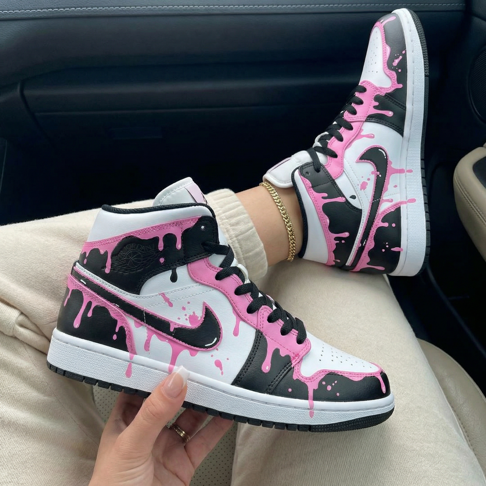 Custom Air Jordan 1 Black Baby Pink Drip Splatter