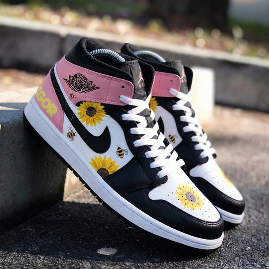 Custom Air Jordan 1 Black Baby Pink Sunflowers and Bees