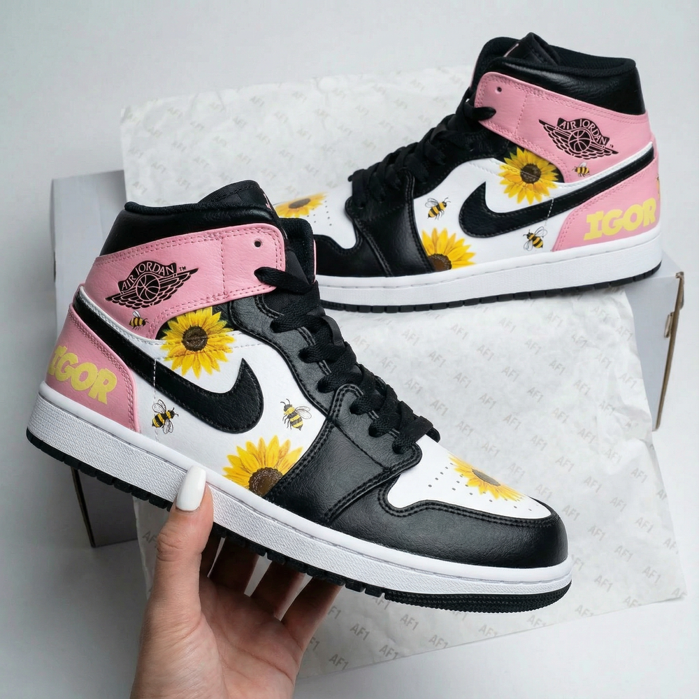 Custom Air Jordan 1 Black Baby Pink Sunflowers and Bees