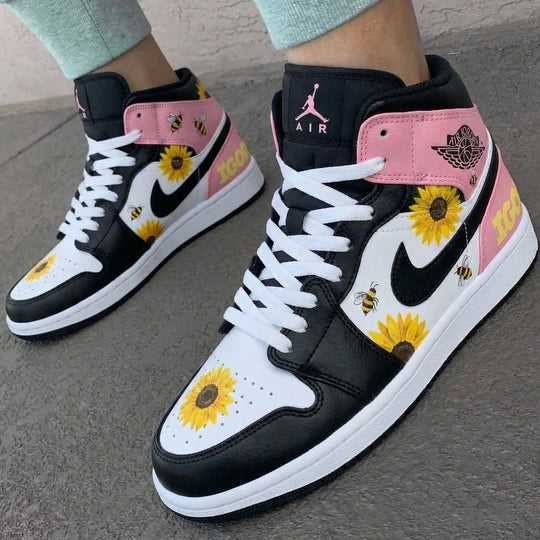 Custom Air Jordan 1 Black Baby Pink Sunflowers and Bees