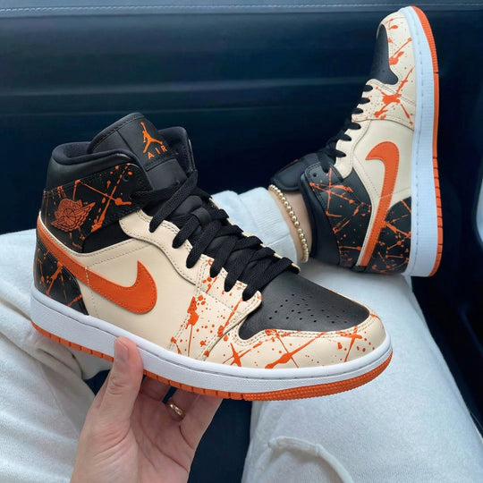 Custom Air Jordan 1 Black Beige Splatter Design