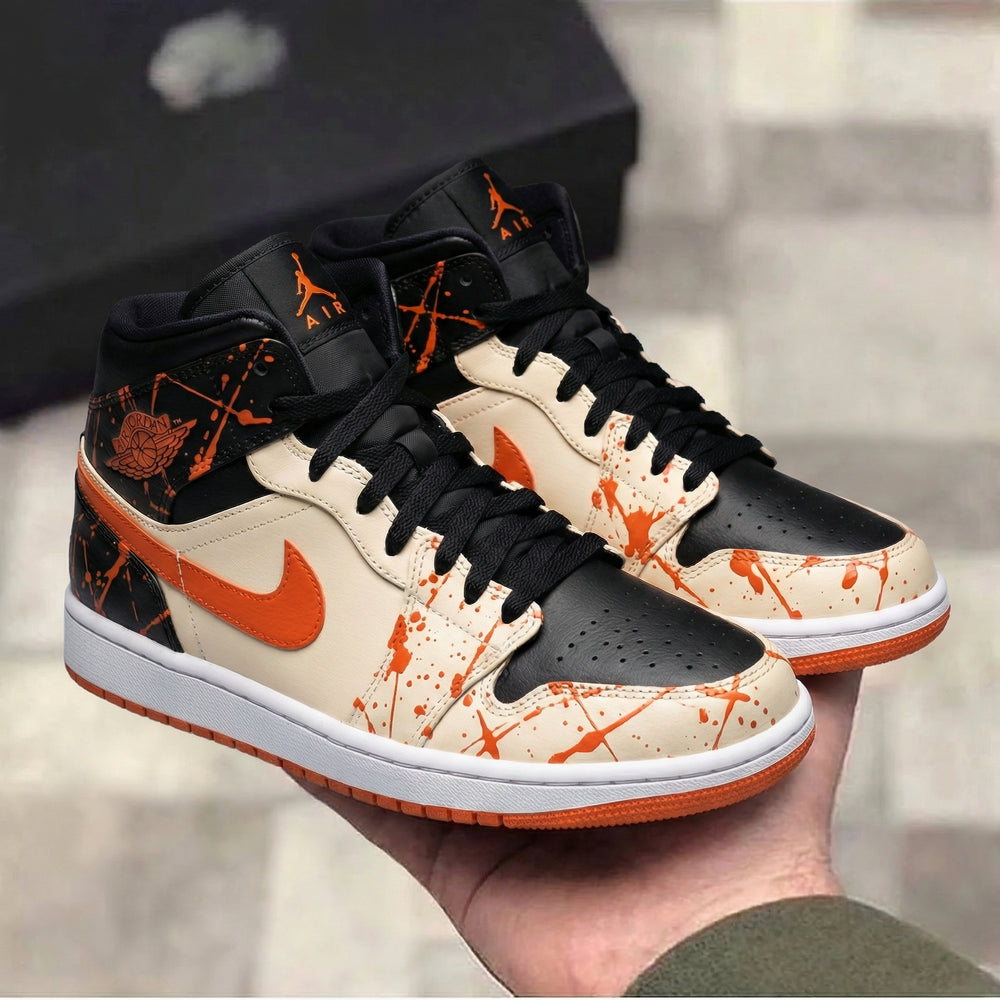 Custom Air Jordan 1 Black Beige Splatter Design
