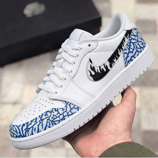 Custom Air Jordan 1 Black Blue Flame Swoosh Blue Cement