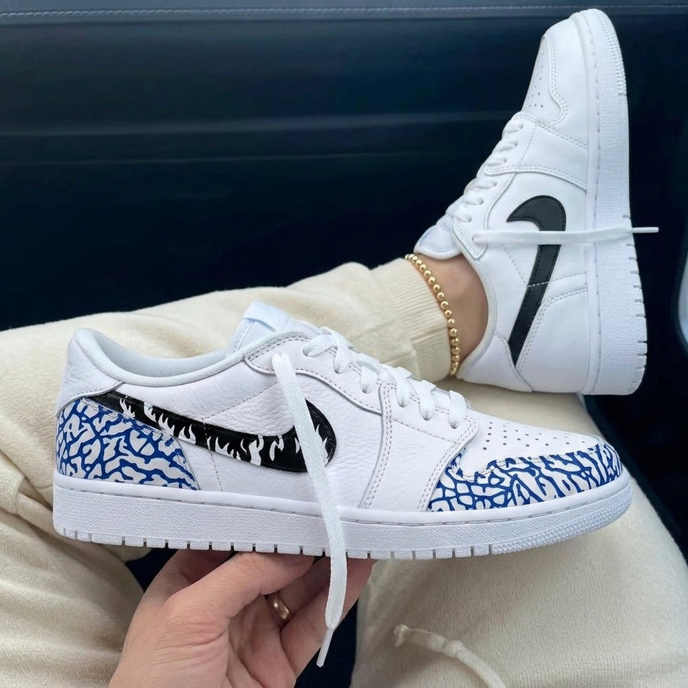 Custom Air Jordan 1 Black Blue Flame Swoosh Blue Cement