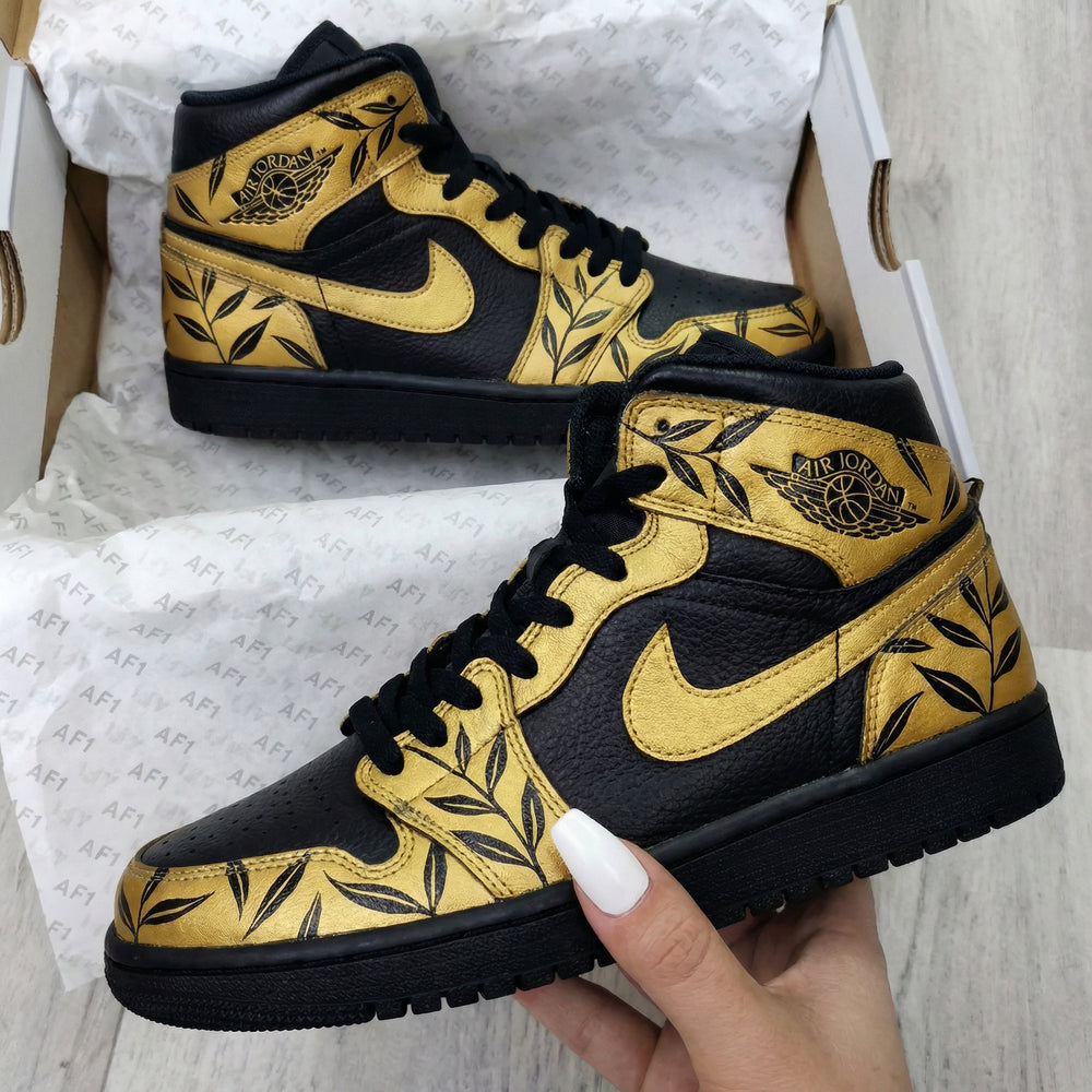 Custom Air Jordan 1 Black Gold Leaf Pattern